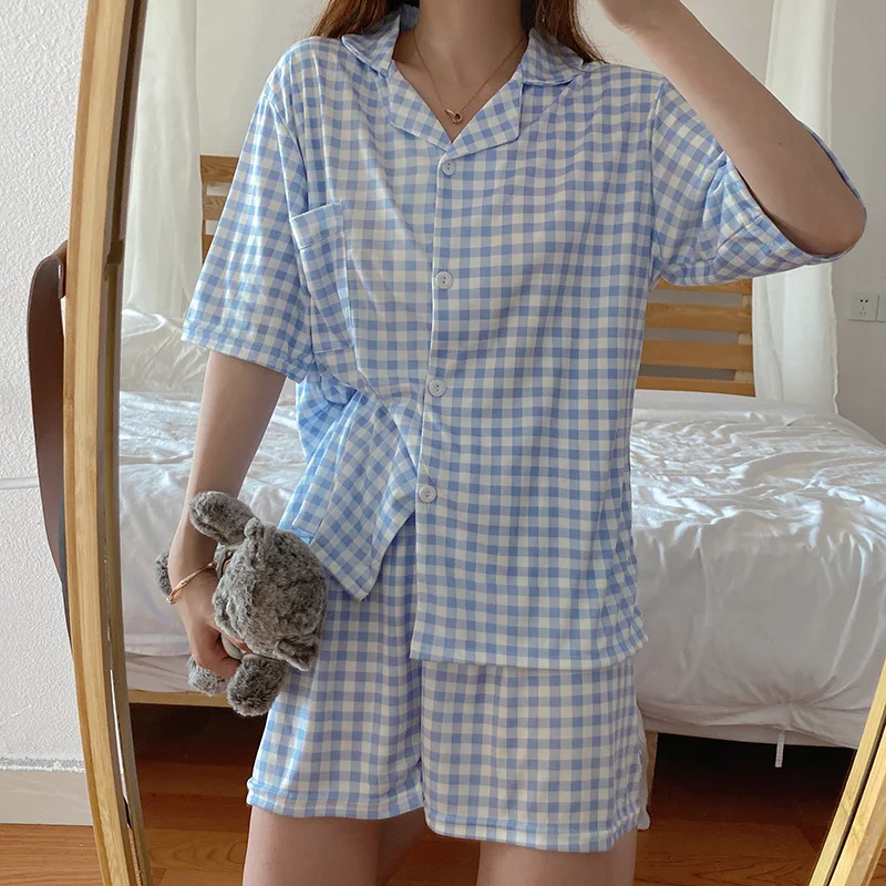Korean plaid print pajama suit women's 2022 new two-piece suit casual loose soft pajamas thickened pajamas homewear pajamas