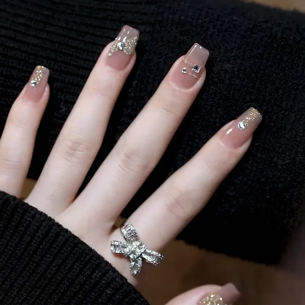 

24Pcs Jelly Pink Diamond Fake Nails Press on Nail Art Long False Forms with Glue Stick Stickers Reusable Set Acrylic Artificial