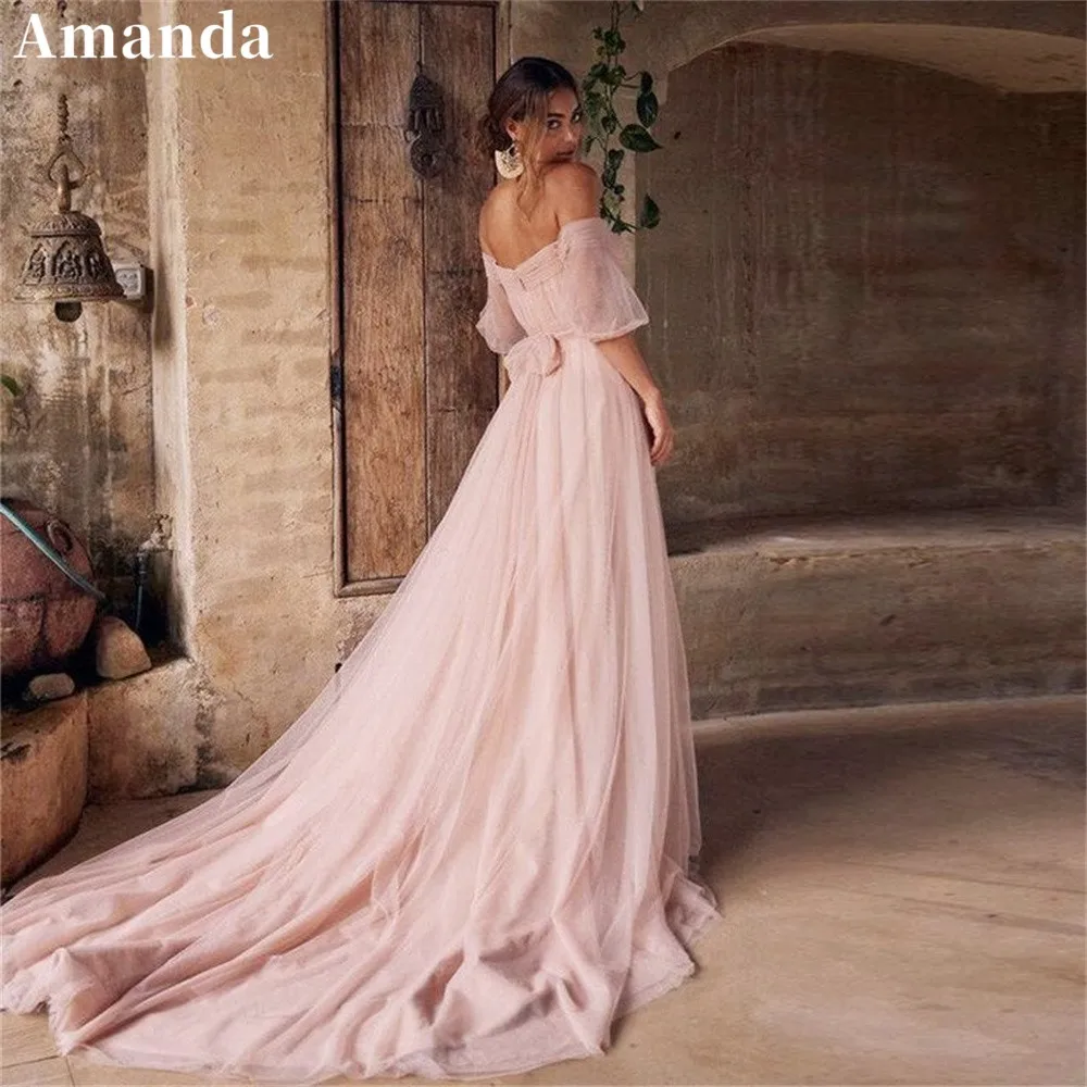

Amanda Pink A-line Tulle Prom Dress Elegant Off Shoulder فساتين السهرة Long Train Plus Size vestido de festa noite