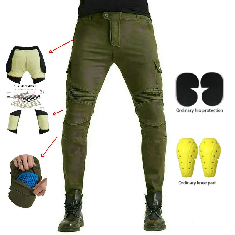 High Elasticity Locomotive Trousers Loong Biker Army-Green Motorcycle Loose Straight Pants Knight Daily Cycling Protective Jeans