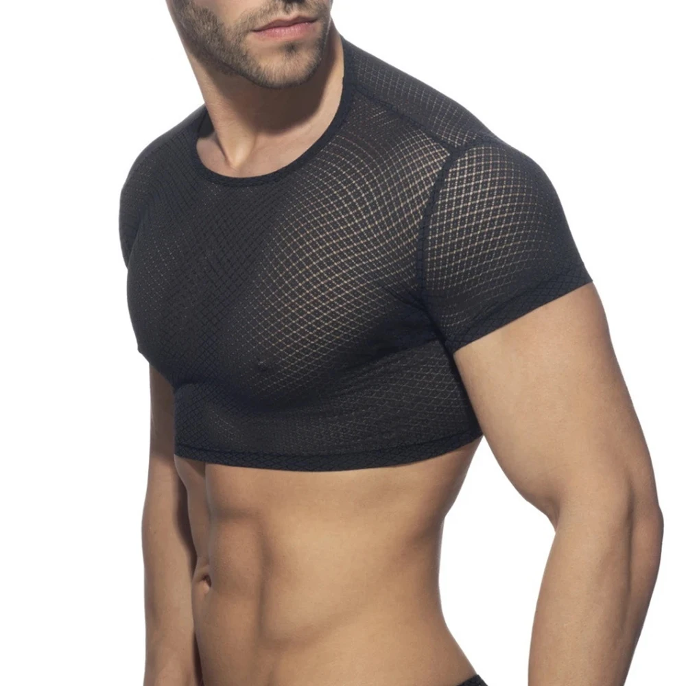 

Men Sexy Crop Tops Summer Fitness T-Shirt Mesh Tee Shirts Short Sleeve Sweatshirts Muscle Sportwear LGBT See Through Underwear