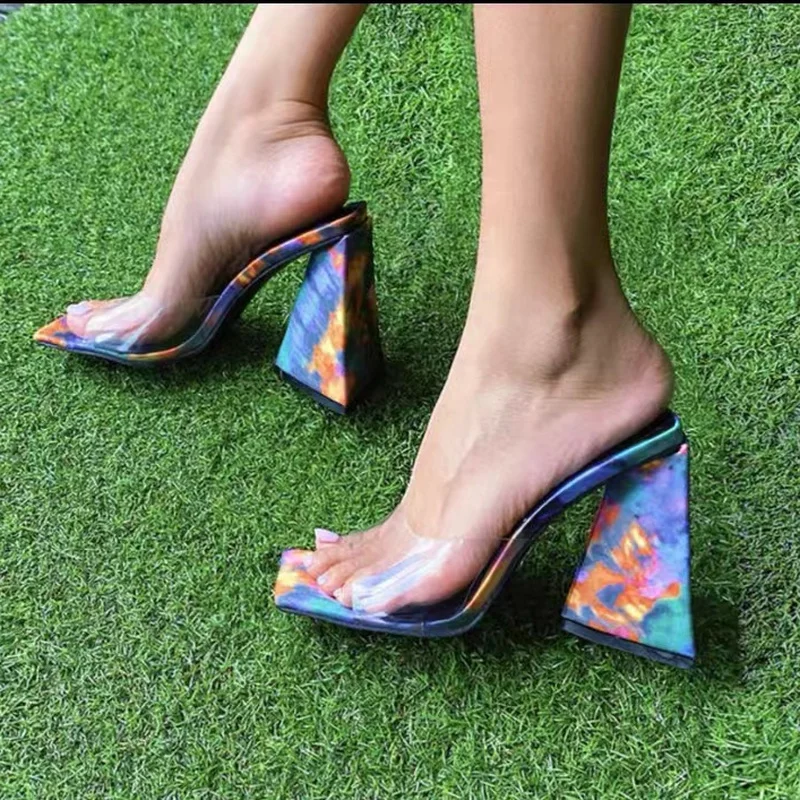 Fashion High Heel Slippers for Women 2022 Summer New Square Head Thick Heels Ladies Shoes Plus Size 43 Heel Shoes Women Slippers