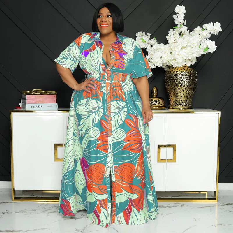 2022  Fall New Fashion  Plus Size Dress 5xl Printed Long Lapel Button Casual Two Wear Plus Size Women Dresses Bulk Direct Sales