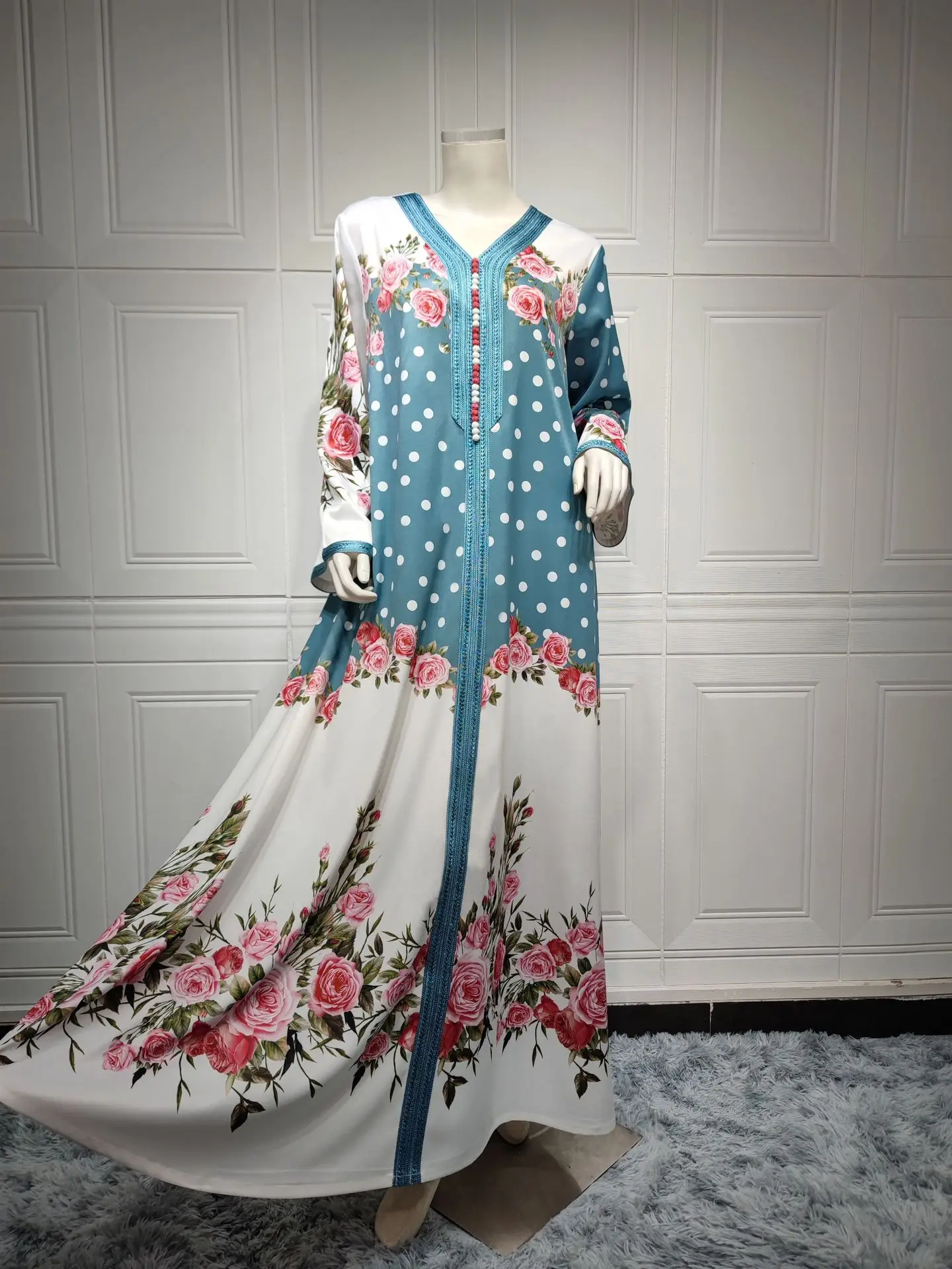 Middle East Women's Muslim Beaded Handmade Belt Long Dress Abayas for Women Dubai Summer Mesh Breathable Four Seasons Universal