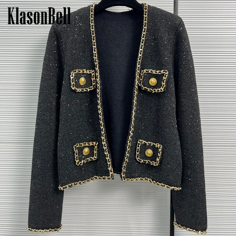 

10.14 KlasonBell Elegant Heavy Industry Bling Sequins Chain Decoration Long Sleeve Short Knit Cardigan Coat Women