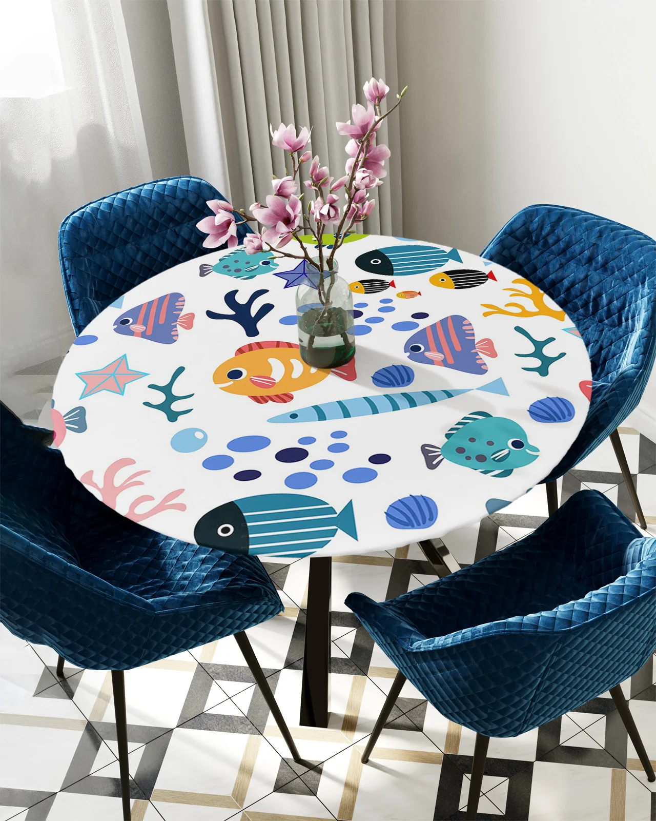 

Круглая эластичная скатерть с мультяшными животными, рыбками, коралловыми ракушками, Защитная ткань, водонепроницаемая прямоугольная облегающая скатерть