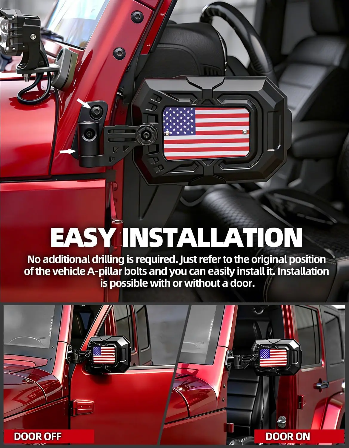 1 пара боковых зеркал без дверей, устойчивых к вибрации, совместимых с Jeep Wrangler JK JKU 2007-2018 годов выпуска (не для установки на двери). (art.: 3920dcd8beb8b) - 3920dcd8beb8b
