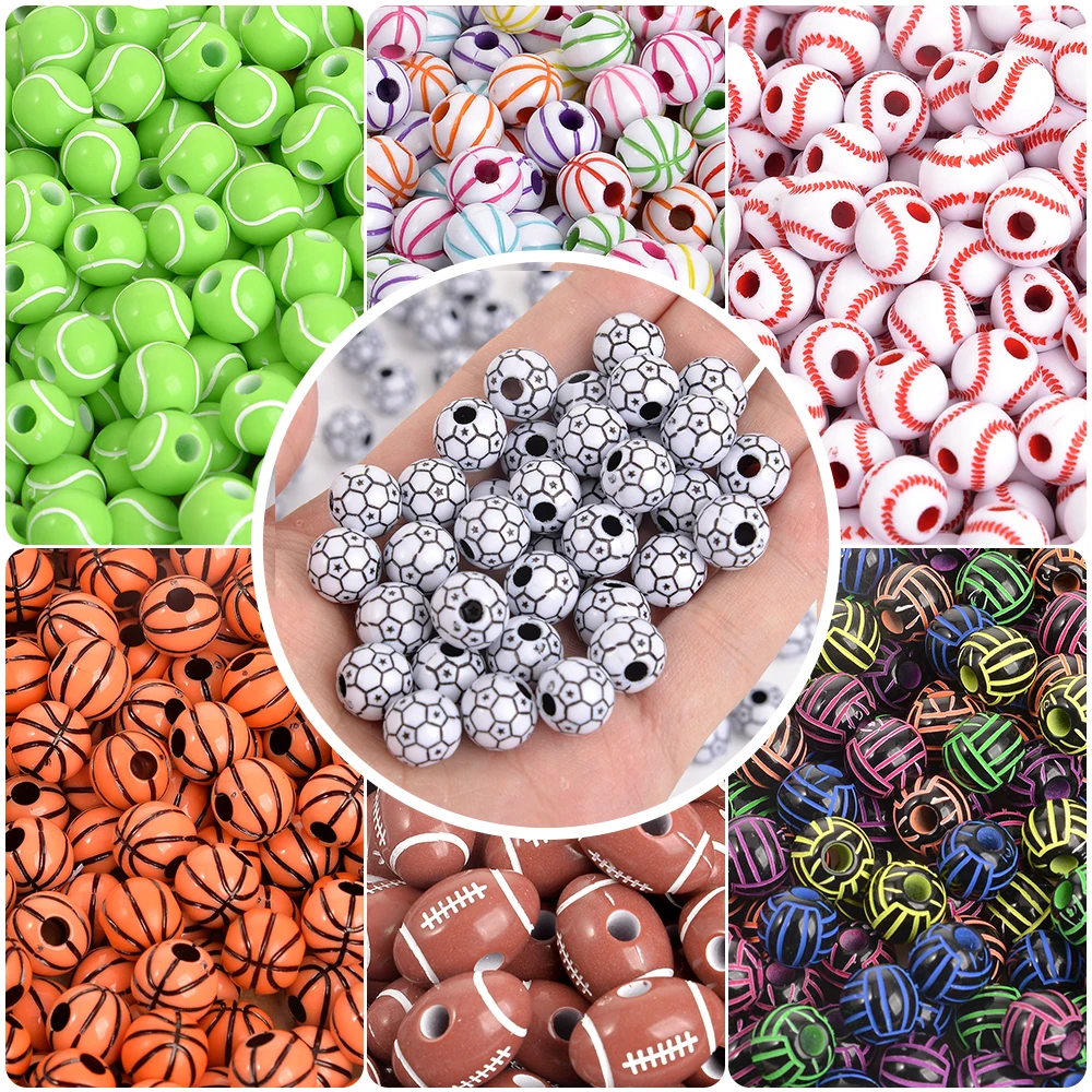 50pcs 10mm Soccer Beads Acrylic Football Basketball Volleyball Baseball Spacer Bead For Jewelry Making DIY Handmade Bracelets - купить по
