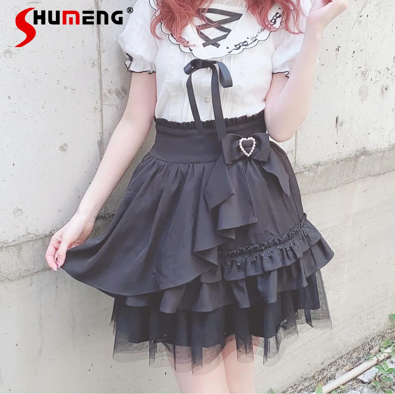 

Japanese-Style Mine Mass-Produced Skirts for Women Girly Sweet Cute Pink Black Mini Skirt Lolita Ruffled Pleated Skirt Summer