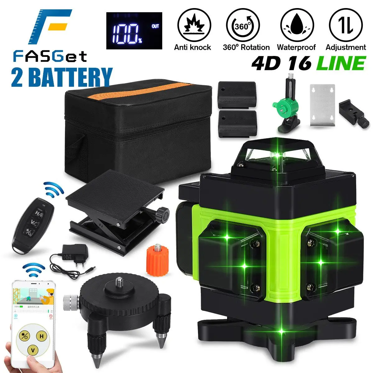

Smart 16 Lines 4D Laser Level Self-Leveling 360 Horizontal And Vertical Cross Super Powerful Green Laser Level With 2 Batteries