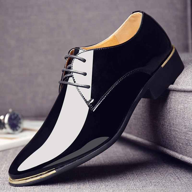 

Men luxury Brand Classic Pointed Toe Dress Mens Lace up Patent Leather Black Wedding Oxford Formal Shoes Big Size 38-48