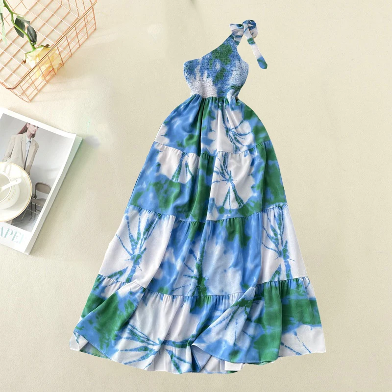 

Summer Retro Tie-dye Fashion Print Suspender Dress Women Seaside Holiday Beach Sundress High Waist Slim Big Swing Dress Female