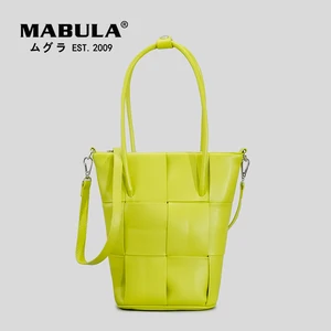 MABULA Soft Leather Plaited Women Shoulder Bags Small Bucket Knitting Totes Top Handle Handbag Luxury Design Crossbody Bag