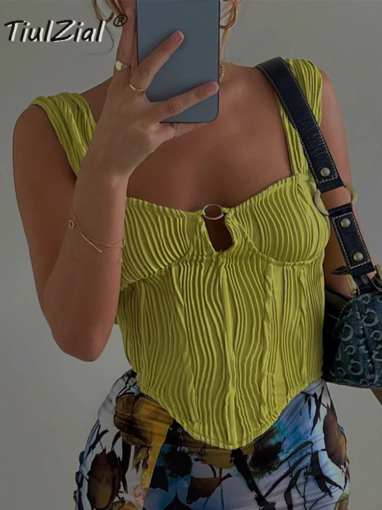 

УКОРОЧЕННЫЙ ТОП TiulZial с плиссировкой, зеленый пляжный праздничный клубный Топ без рукавов, летняя женская одежда, топ с открытыми плечами, 2022