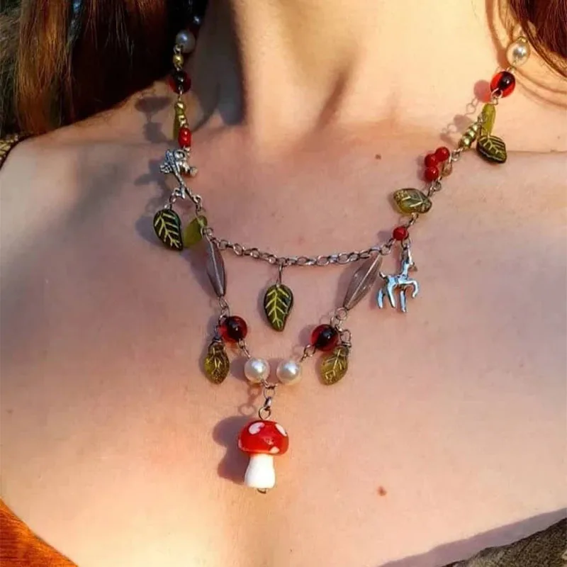 

Amanita cottage core beaded fairy necklace mushroom Drop Chain initial fashion necklaces 2022 woman y2k