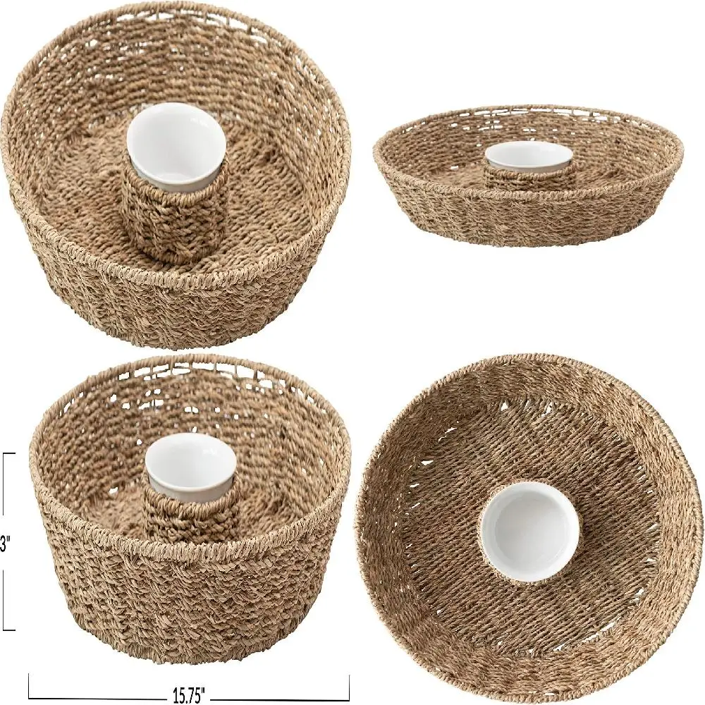 

Gorgeous, Elegant & Stylish Seagrass Chip & Dip Basket Set with 6 Oz Ceramic Bowls - Perfect for Entertaining, Set of 2