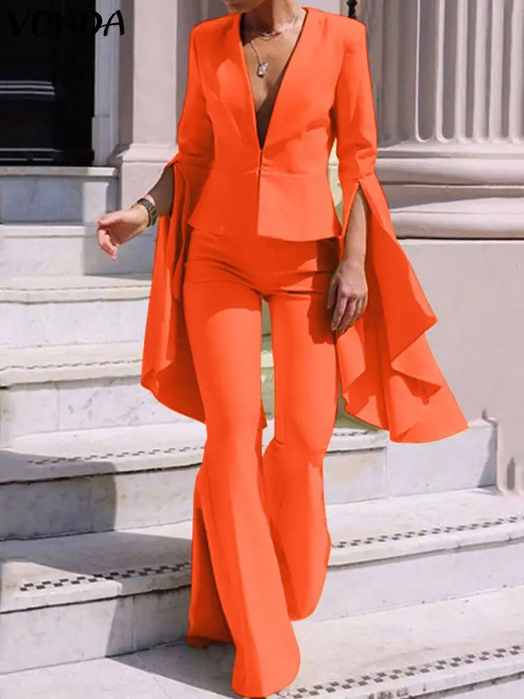 

2023 VONDA Fashion Women Long Pant Sets Bell Bottoms Casual Flare Sleeve V Neck Fashion Tops Solid Color Elegant Party Suit 2PCS