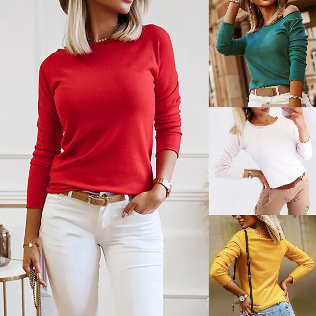 

Women Autumn Tops Color Long-sleeved Kintted Sweater Blouse Pullover