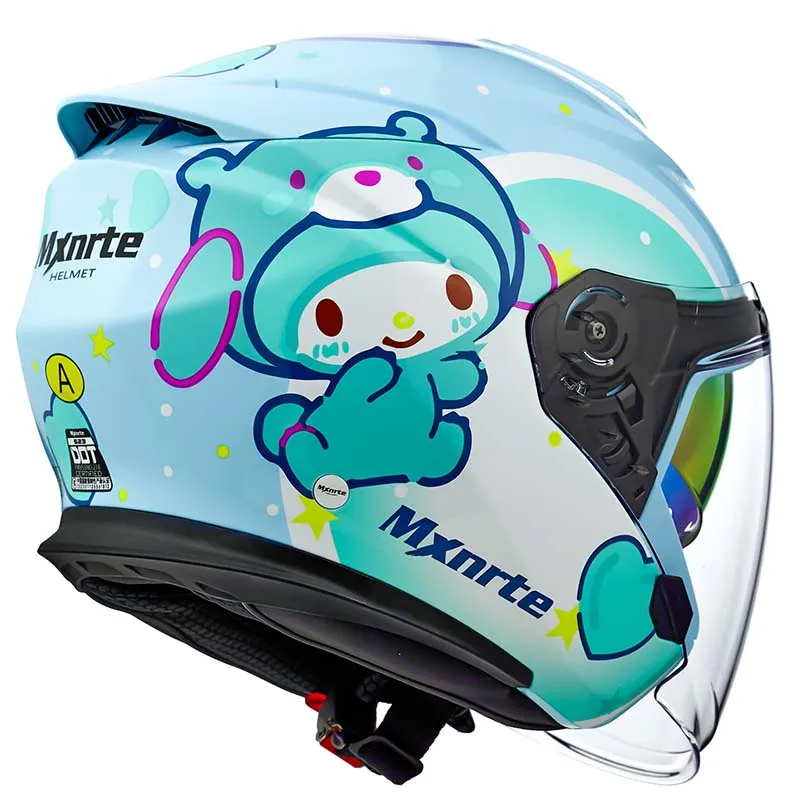 DOT Approved Mxnrte Lovely Blue Rabbit Helmet Men and Women Double Lens Half Motorcycle Off-Road Safety Casque