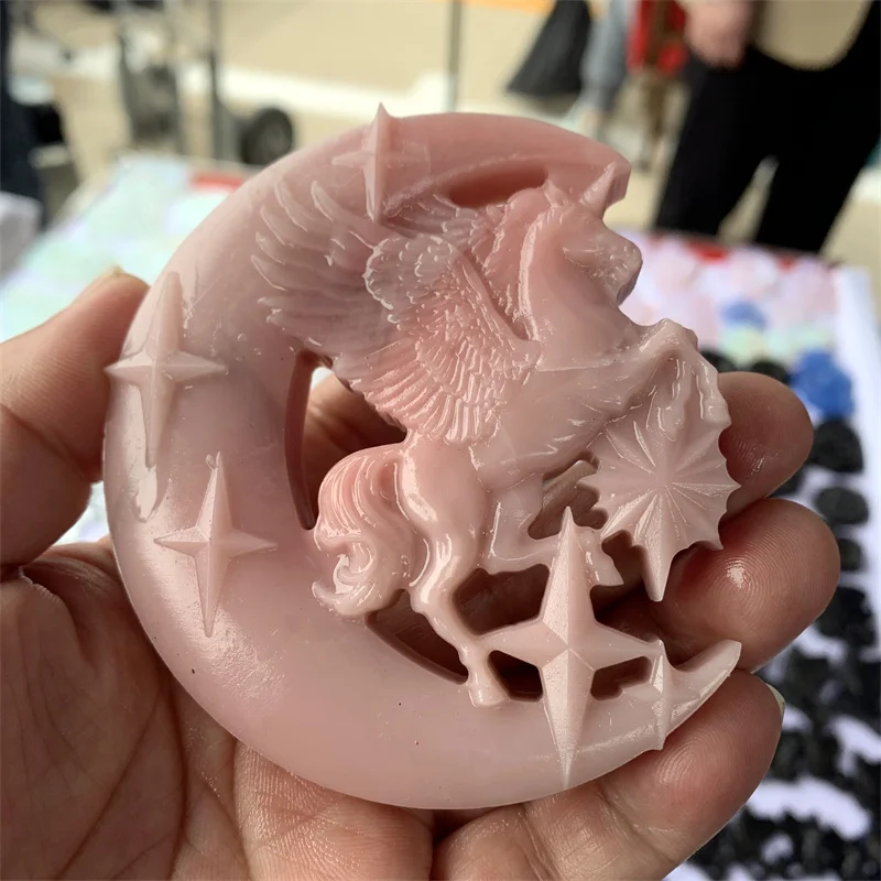 

1PC Natural Crystal Pink Opal Moon Unicorn Ornaments Quartz Mineral Home Decoration Stone Crafts Holiday Gift Ornaments