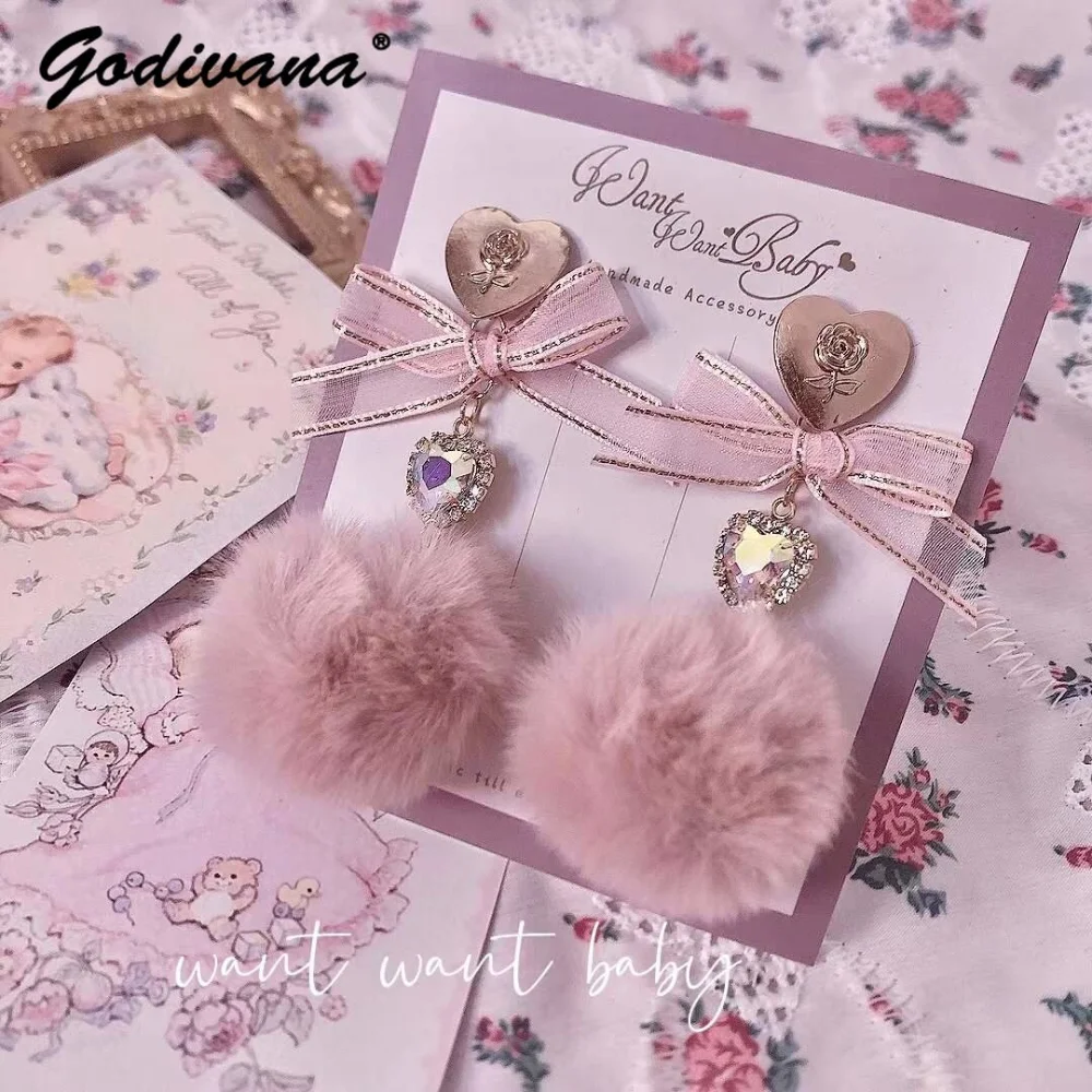 

Lolita Japanese Clip Earrings Pink Bow Heart Ear Cuff Wool Ball Anti-Allergy Silver Needle Ear Studs Pendientes Jewelry For Girl