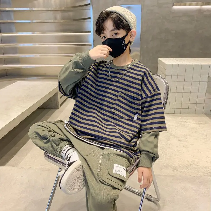 

Новинка 2022, Корейский Осенний свободный комплект для мальчиков и девочек в полоску, детский комплект одежды в студенческом стиле с длинными рукавами и штанами, комплекты одежды