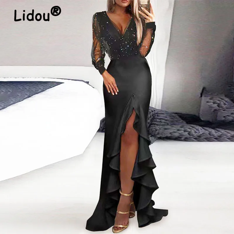 

Summer Autumn 2022 Long Sleeve Deep V-neck Sexy High Slit Ruffles Floor Skirts New Sequined Women Party Evening Elegant Dress