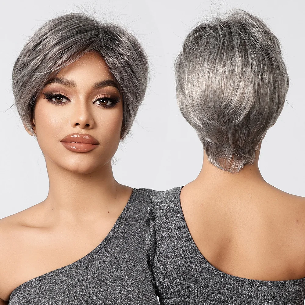 Серый синтетический парик с челкой для женщин прямая стрижка пикси