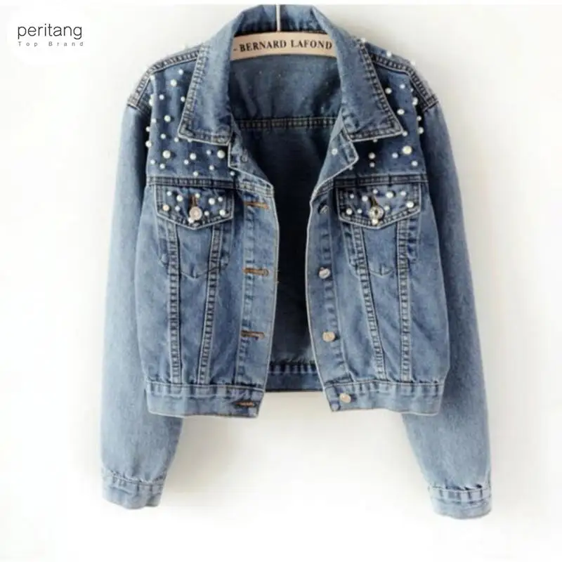 

New 2023 Pearl Beaded Short Denim Jacket 5Xl Women's Long Sleeve Retro Casual Denim Jacket Bomber Denim Jacket