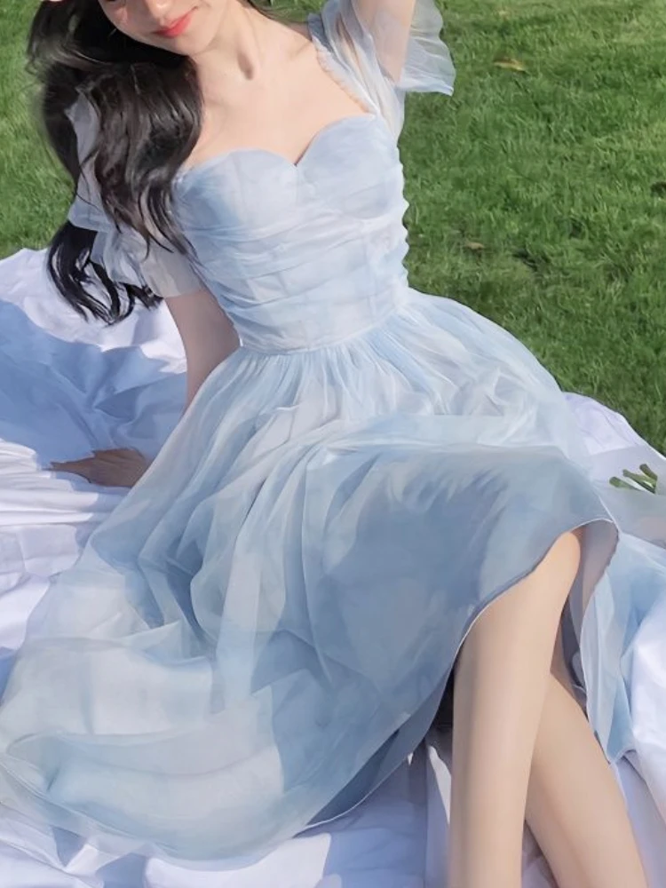 

Summer Dresses Ladies 2023French Elegant Solid Midi Women Causal Short Sleeve Fairy Party Office Lady Fairy Fashion Korean St