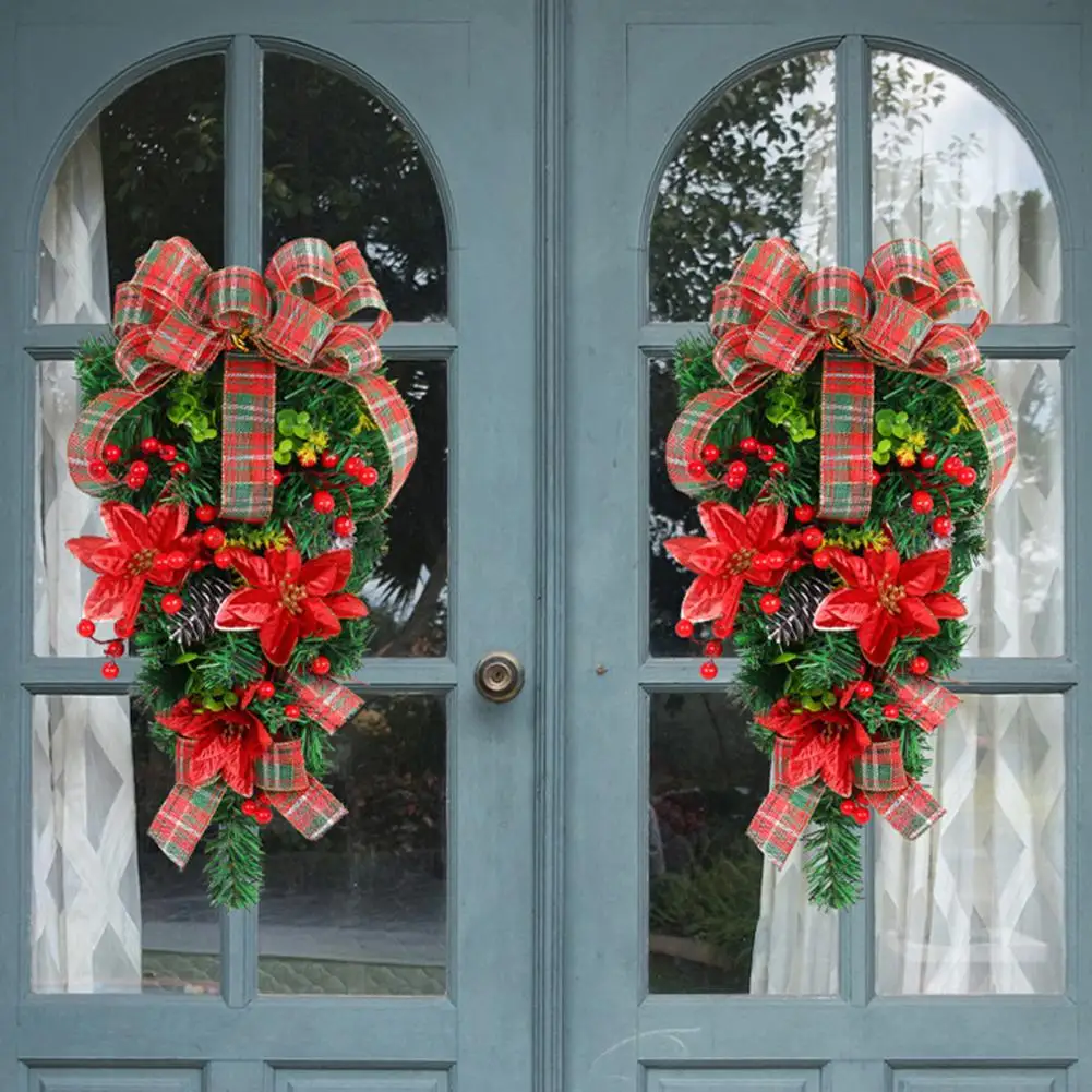 

Festive Christmas Wreath Plaid Bow Christmas Wreath Festive Farmhouse Door Ornament with Artificial for Stairs for Stairs