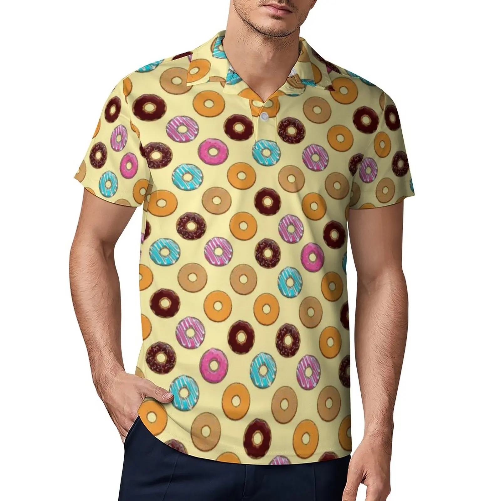 

Красочные оригинальные рубашки-поло, Повседневная рубашка с рисунком еды, летние уличные футболки, мужские рубашки-поло с отложным воротни...