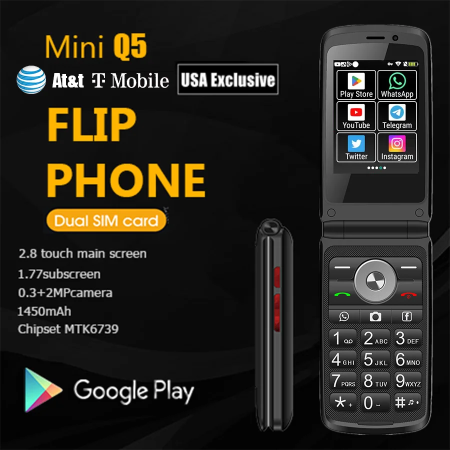 Фото ТИК МИNi США. Q5 Region 4G Smart Flip T Мобильный телефон At&t Google Play Android MTK6739 Вход на ключ Многоязычный сенсорный экран №1