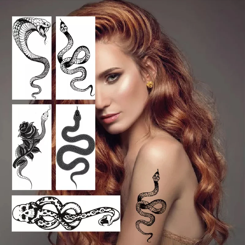 

Водостойкие временные тату-наклейки в виде черной змеи, бабочки, Скорпиона, волка, розы, флэш-татуировки для женщин, крутые искусственные та...