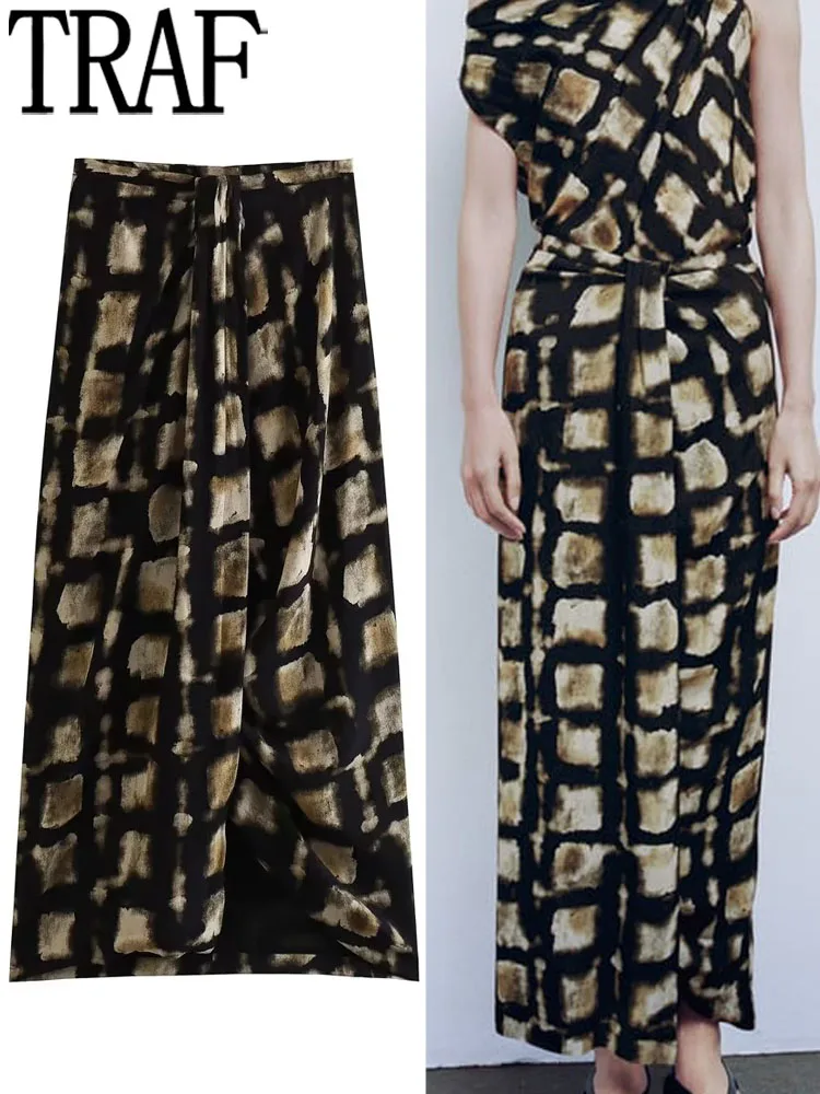 

TRAF Knot Long Skirts For Women Fashion 2023 Printed Vintage Skirt Woman Mid-Waist Slit Skirt Sets Elegant Women's Skirts