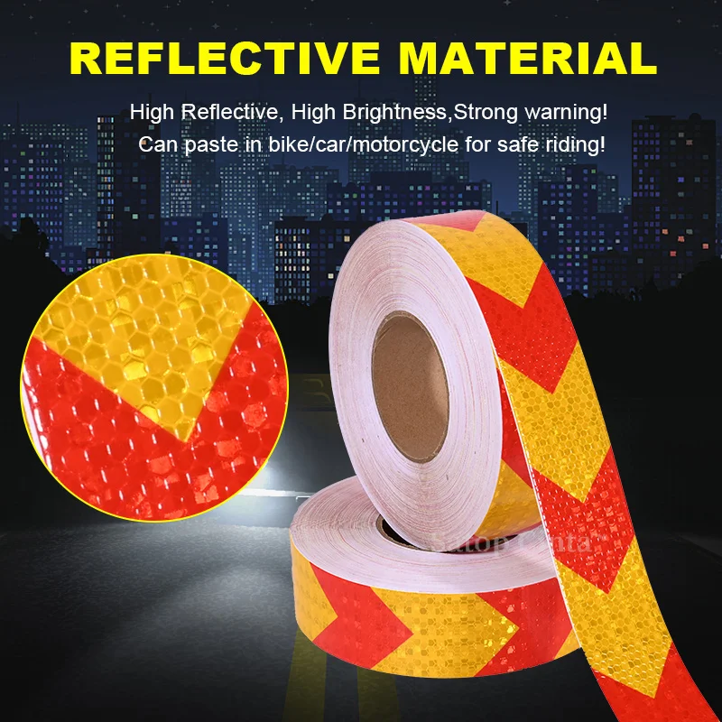 

5cm Reflective Tape Red-Yellow Arrow Waterproof High Visibility Hazard Caution Warning Adhesive Stickers For Bicycle Trailer 50M