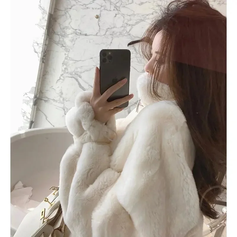 Faux Fur Coat Women's 2022 Autumn and Winter Loose Imitation Rex Rabbit Fur Plus Velvet Thick Stand Collar Zipper Sweater Plush