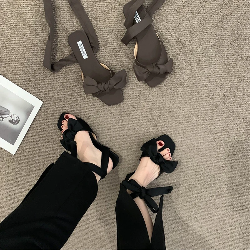 

Women's Shoes With Straps Summer High Heels Lace-Up Branded Pumps Sandals Ladies All-Match 2022 Sweet Buckle Bow 3cm Gold Fashio