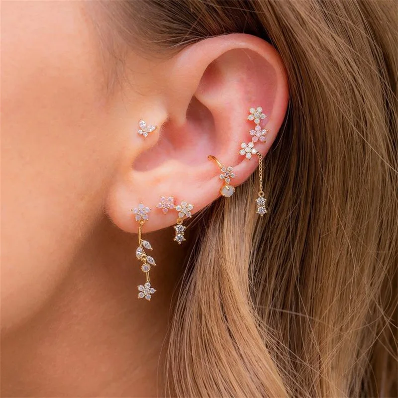 INS Fashion Jewelry Pink Zircon Flower Long Earrings For Women Temperament Flower Stud Earrings pendientes largos mujer