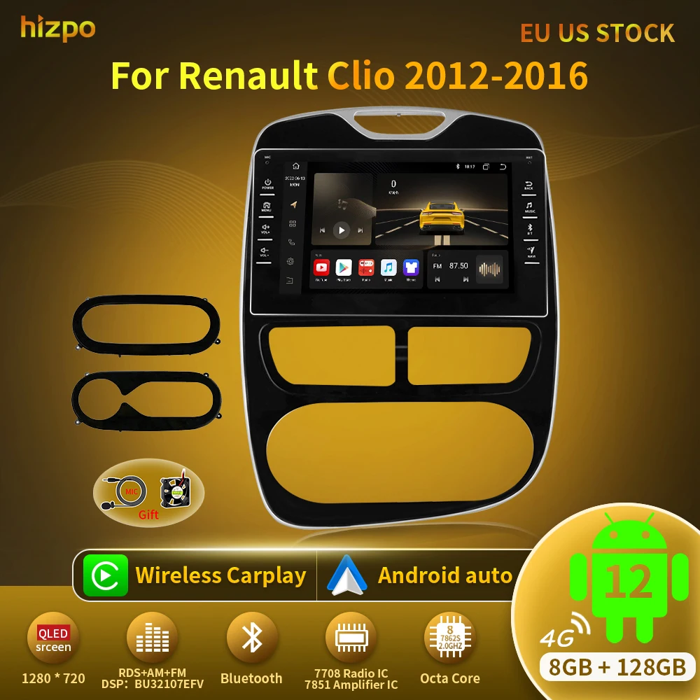 Hizpo AI Voice Android 12 автомобильный радиоприемник GPS для Renault Clio 2012-2016 Авторадио мультимедийный стерео видео аудио плеер Navi DSP