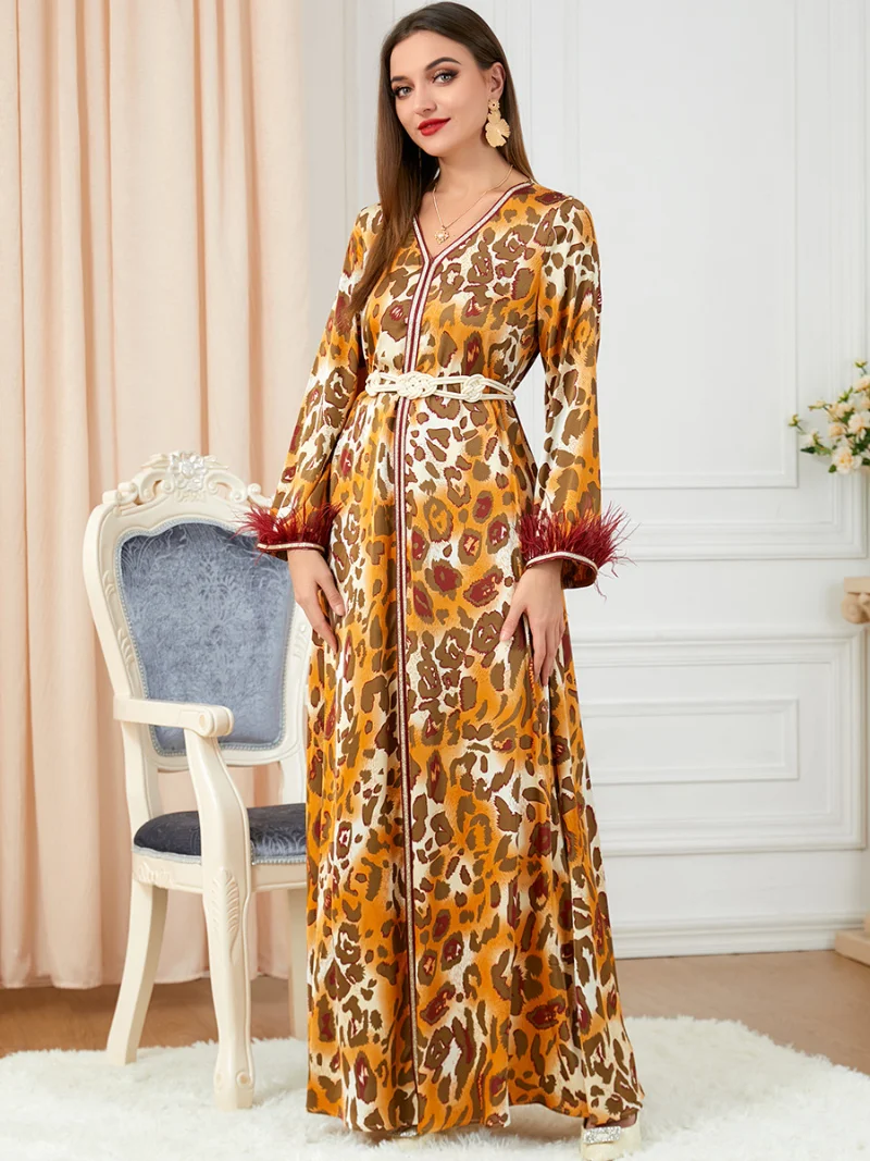 Abaya Muslim Woman Fashion Floral Print V-Neck Feathers Sleeve Long Dress Belted Kaftan Arabic Ladies Dresses Ramadan