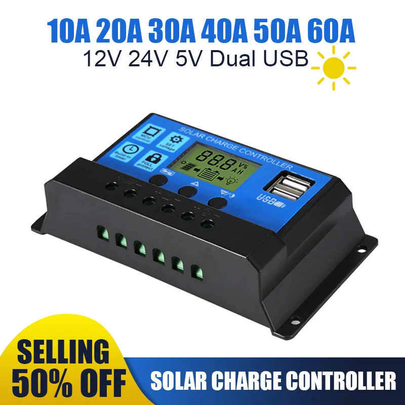 

Solar Controller PWM 60A 50A 40A 30A 20A 10A Charge and Discharge Controller 12V 24V Auto LCD Solar Regulator with Dual USB 5V