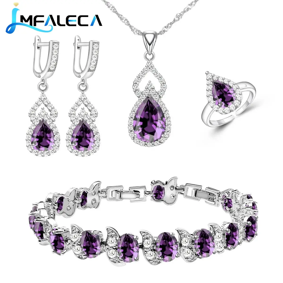 

Women Silver 925 Jewelry Sets Natural Purple Amethyst Earrings Necklace Open Ring Bracelets Gift Bithstone Jewelry Set for Lady