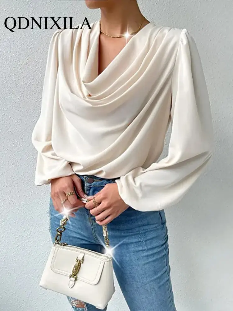 

New In Women's Elegant Blouses Chiffon Long Sleeved Loose Pleated V-neck Shirts Blouses Clothing Female Clothes for Women Tops