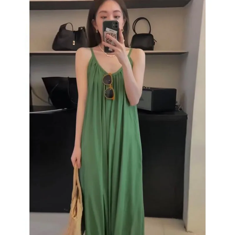 

Women's Green Suspender Dress Drape Design Loose and Noble Temperament V-neck Sexy Summer Long Section Folds Korean Fashion