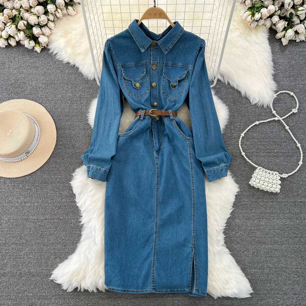 

Autumn Vintage Denim Dress for Women Long Sleeve Belted Bodycon Casual Female Streetwear Blue Lapel Midi Dresses New In 2023