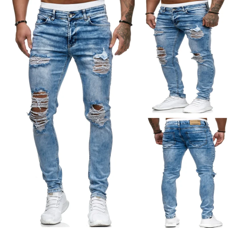 

Модные рваные узкие джинсы в уличном стиле, мужские винтажные однотонные джинсовые брюки, мужские повседневные облегающие джинсовые брюки-карандаш, горячая Распродажа