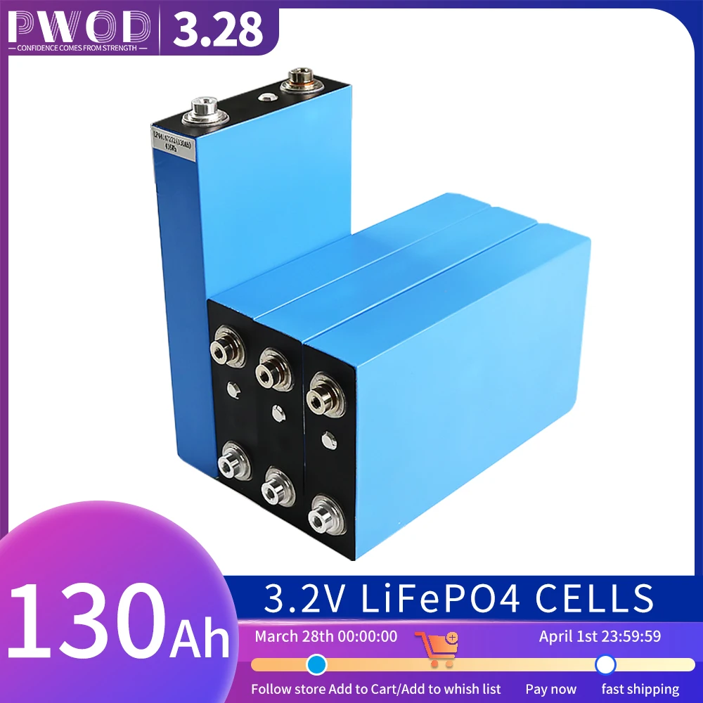 

PWOD 16PCS lifepo4 battery 3.2v 130Ah rechargeable lithium ion capapcity outdoor used house electric application