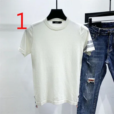 

Men's Half Sleeve Tight Embroidery Breathable T-shirt Striped Social Short Sleeve Knit Top