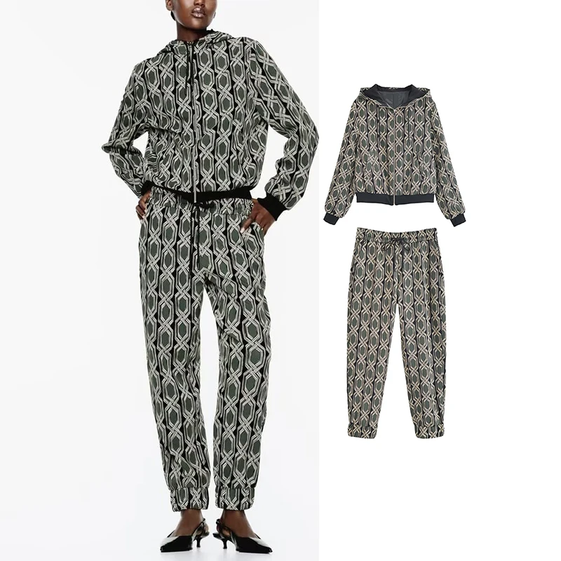 

TRAF Women Printed Pants Sets For Women 2 Pieces Hooded Short Jacket Women Suits New Two Piece Set Women Outfit 2024 Spring